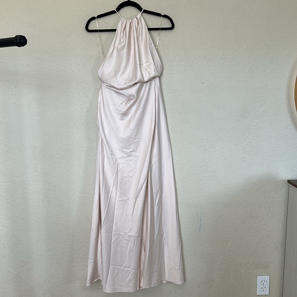 House of CB Zanab Cream Thigh High Slit Halter Satin Strappy Back Maxi NWOT XS‎ - Picture 7 of 10